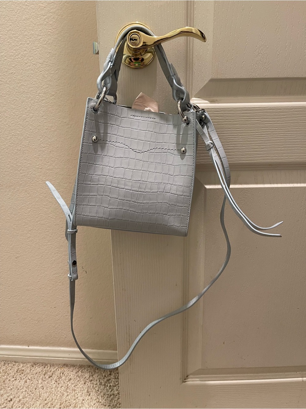 Rebecca Minkoff Light Gray Croc-Embossed Mini Crossbody Bag